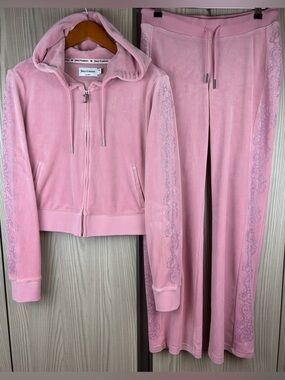 Juicy Couture Bling Velour Tracksuit Set (Hoodie ~ L, Pants ~ S)~ in Barbie Pink